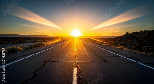 Dramatic golden hour on a vast desert highway, where powerful sun rays illuminate the path forward, symbolizing hope, journey, and infinite possibilities