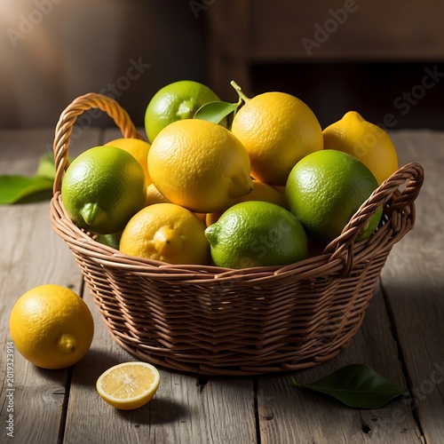 Assortment of bright yellow lemons and vibrant green limes fills a woven basket resting on weathered wood.