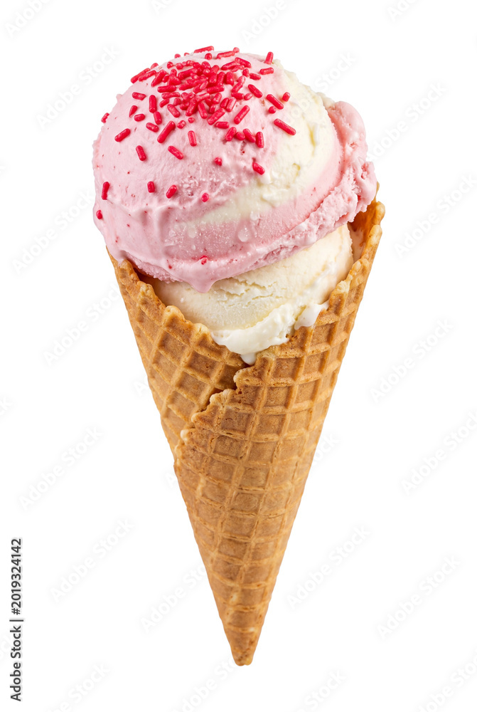 Fototapeta premium Pink strawberry ice cream cone with sprinkles isolated on transparent background