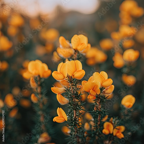 Close-up of bright yellow gorse flowers with blurred background