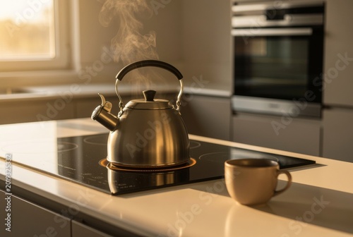 Whistling Kettle Steaming Gently Beside Cup on Stove