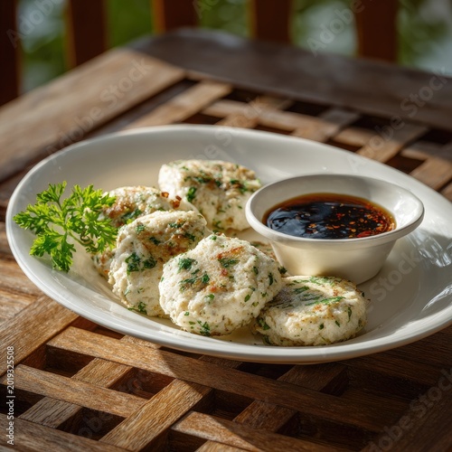 Savory Tofu Patties with Dipping Sauce and Parsley Garnish