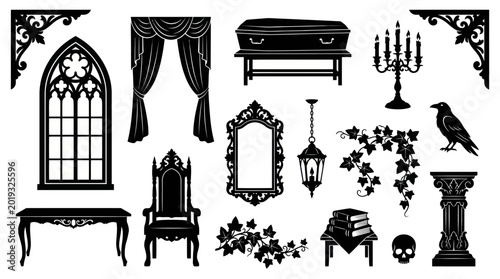 Gothic Halloween Decor Elements Set in Silhouette Style - Vintage Fantasy Objects Collection