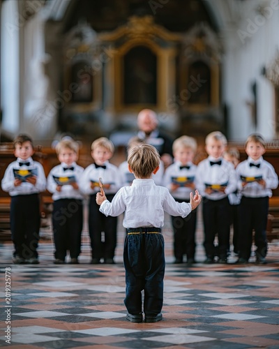 Young boy conducting a choir in a church
