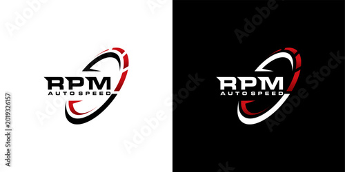 Modern RPM Autospeed Logo Design with Dynamic Red Swirl on Isolated White and Black Backgrounds