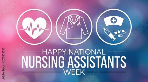 Happy national nursing assistants week greeting card with medical icons on a blurred colorful background