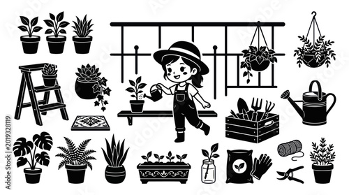 Cute Gardener Girl Watering Plants in Black and White Line Art Style