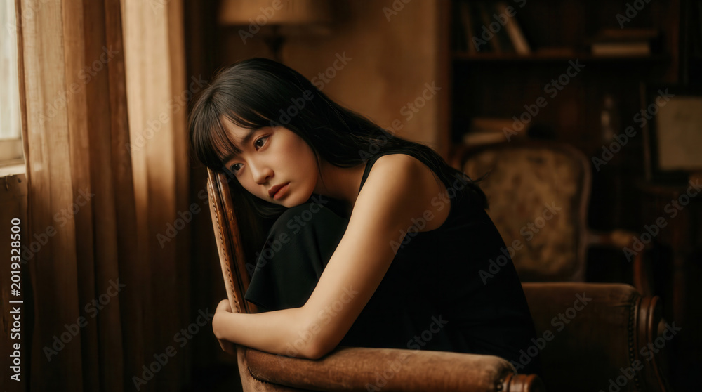 Fototapeta premium Sad young Asian woman sitting on chair in dark room.