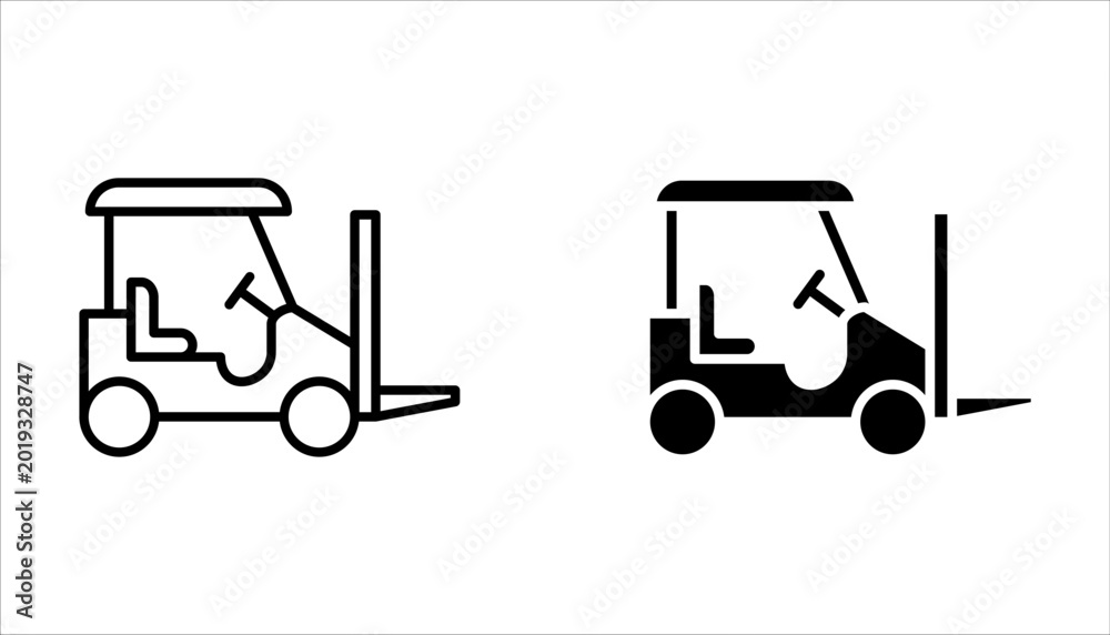 Naklejka premium Forklift truck line icon set. Forklift truck loading cardboard boxes isolated on white background
