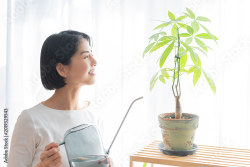 観葉植物にジョウロで水やりする女性