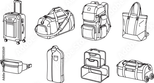 Konstfotografi Set of eight vintage suitcases and bags in black and brown vector illustration V