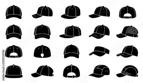Foto Collection of various baseball caps and sports hats silhouettes