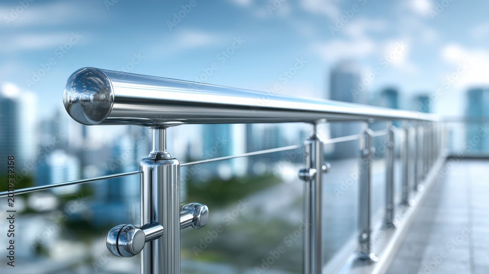 Fototapeta premium A modern glass balcony featuring a handrail safety barrier overlooking a scenic outdoor view.