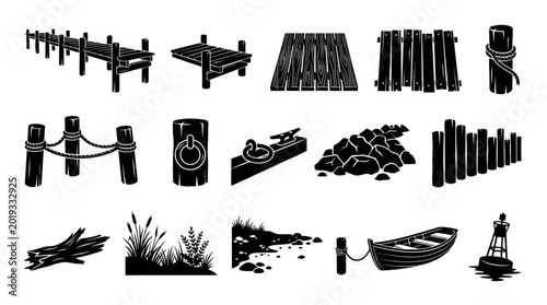 Marine Nautical Waterfront Elements Silhouette Icon Set. Docks, Piers, Boats, Buoys, Posts  Coastal Nature Glyphs
