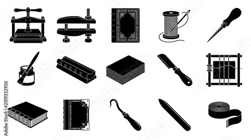 Bookbinding Tools and Books Vector Glyphs Icon Set - Traditional Craft Silhouettes