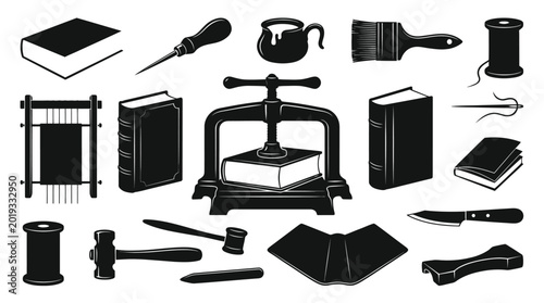 Bookbinding Tools Black and White Glyph Icon Set for Book Creation, Repair, and Publishing Craft