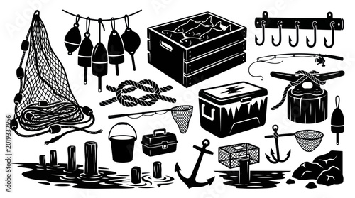 Monochrome Fishing Equipment Glyph Icons Set