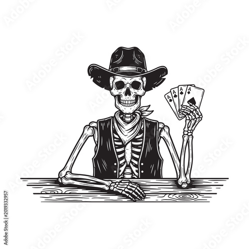Illustration of a cowboy skeleton wearing a hat and vest playing poker with a hand of playing cards at a wooden table in a vintage western graphic style