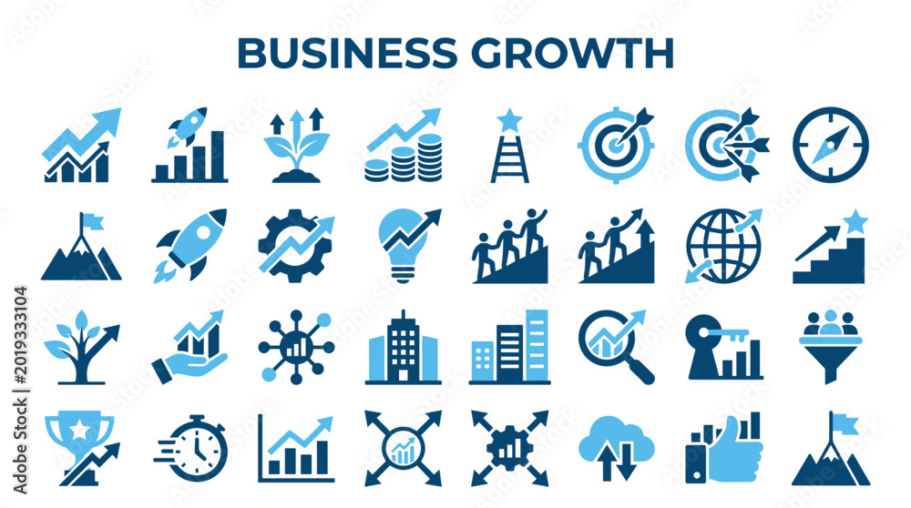 Fototapeta premium Collection of business growth icons and symbols representing success strategy development investment and progress for corporate concepts