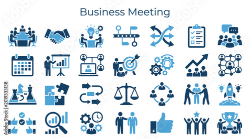 Cuadro en lienzo Diverse business meeting icons showcasing collaboration strategy planning teamwo