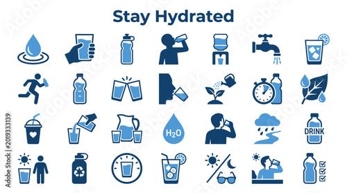 Tableau sur toile Stay Hydrated Collection of Icons Illustrating Water Consumption Health and Well