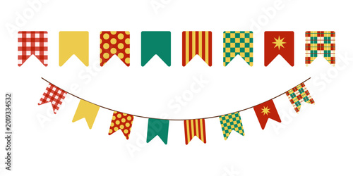 Traditional Festa Junina bunting flags garland in red, yellow and green with plaid, stripes and polka dot patterns for Sao Joao party design