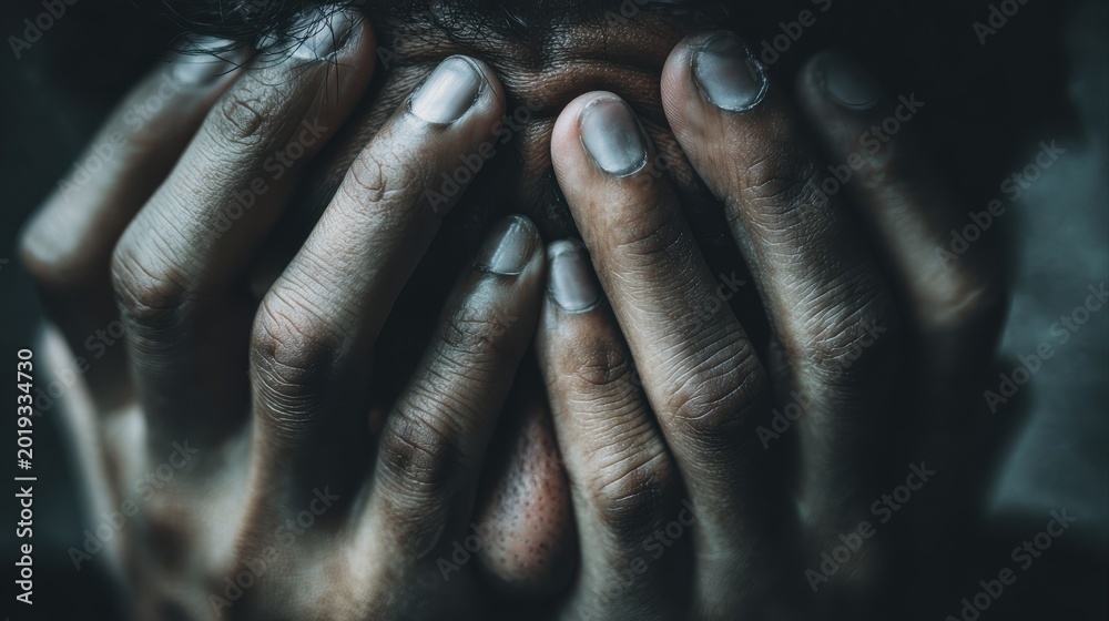 Obraz premium Stress, anxiety and hands of nervous person with worry, fear or abuse in closeup, home or danger. Depression, lonely and scared victim with phobia, mistake or emotional crisis with gesture or trauma