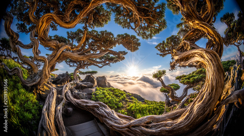 Dramatic twisted tree roots and branches framing a golden sunset over clouds in a unique landscape