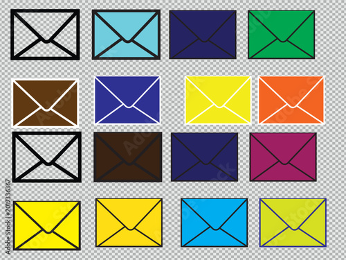 Colorful Envelope Mail Icons Set on Transparent Background