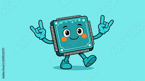 Cute cartoon CPU chip mascot doing rock gesture
