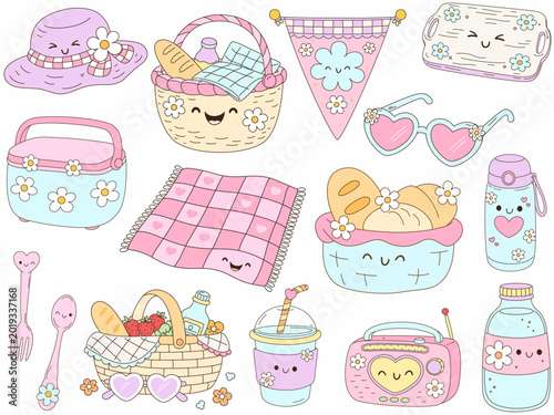Cute picnic items including basket, blanket, food, and accessories create cheerful atmosphere for outdoor gatherings
