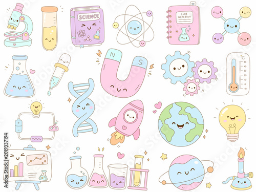 Cute science illustrations featuring laboratory equipment, molecules, and playful elements. Perfect for educational materials and children content