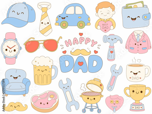 Happy Dad illustrations feature cheerful elements celebrating fatherhood, including car, tie, watch, and various playful icons