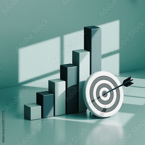 A 3d rendering of a bar graph with a target and arrow hitting the bullseye on a teal background with shadows