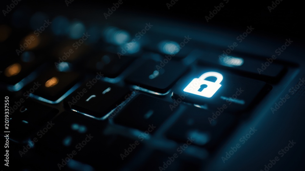 Obraz premium Glowing padlock on computer keyboard