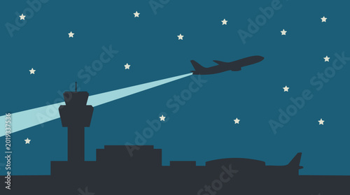 Photos Minimalist illustration of an airplane taking off from an airport at night