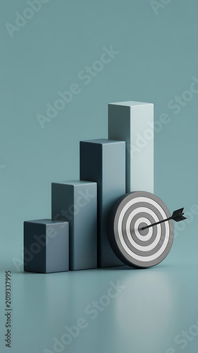 A 3d bar graph with a target and arrow on a teal background representing business goals and strategy