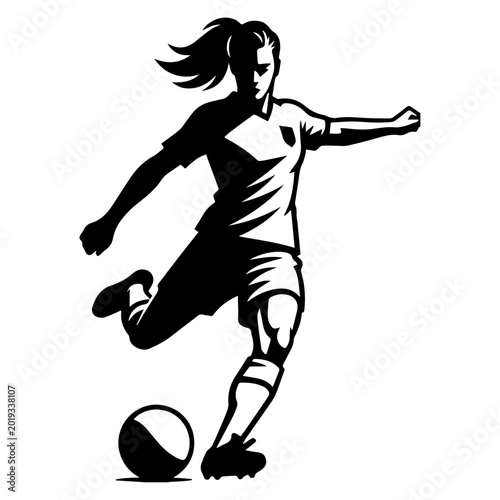 Female Soccer Player Kicking Ball Vector Silhouette, Women Football Action Clipart