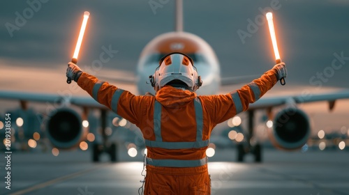 Ramp agent guiding a passenger aircraft to its parking position on the airport tarmac during ground operations.