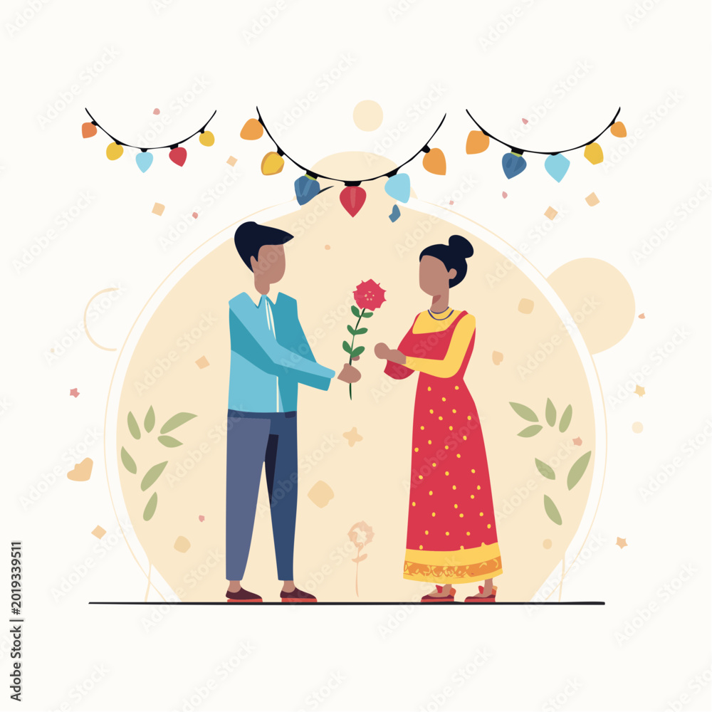 Fototapeta premium Couple Exchanging a Rose Under Festive Lights