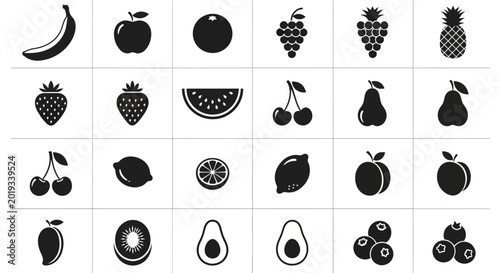 Photos Collection of various fruit icons in black and white including apples bananas an