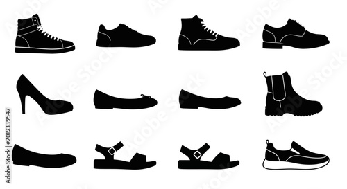 Bild auf Leinwand Collection of various black shoe silhouettes on white background including heels