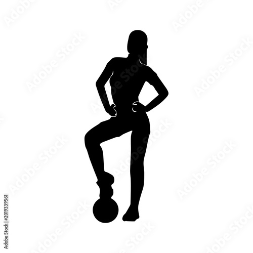 Female Soccer Player Silhouette Standing with Foot on Football Vector Illustration