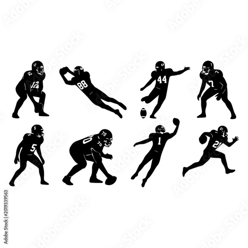 American Football Player Silhouettes Set with Different Action Poses Vector Illustration