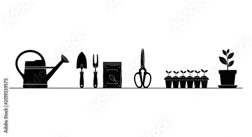 Photos Gardening tools and supplies on a shelf including watering can trowel pruners an
