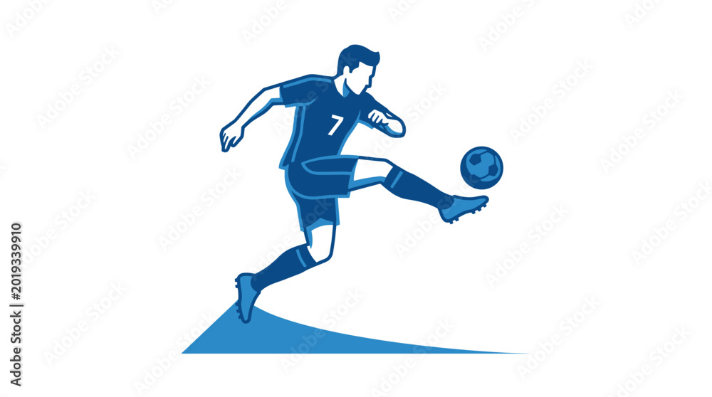 Fototapeta premium Dynamic illustration of a soccer player in action dribbling the ball with his foot, wearing a blue uniform with number 7