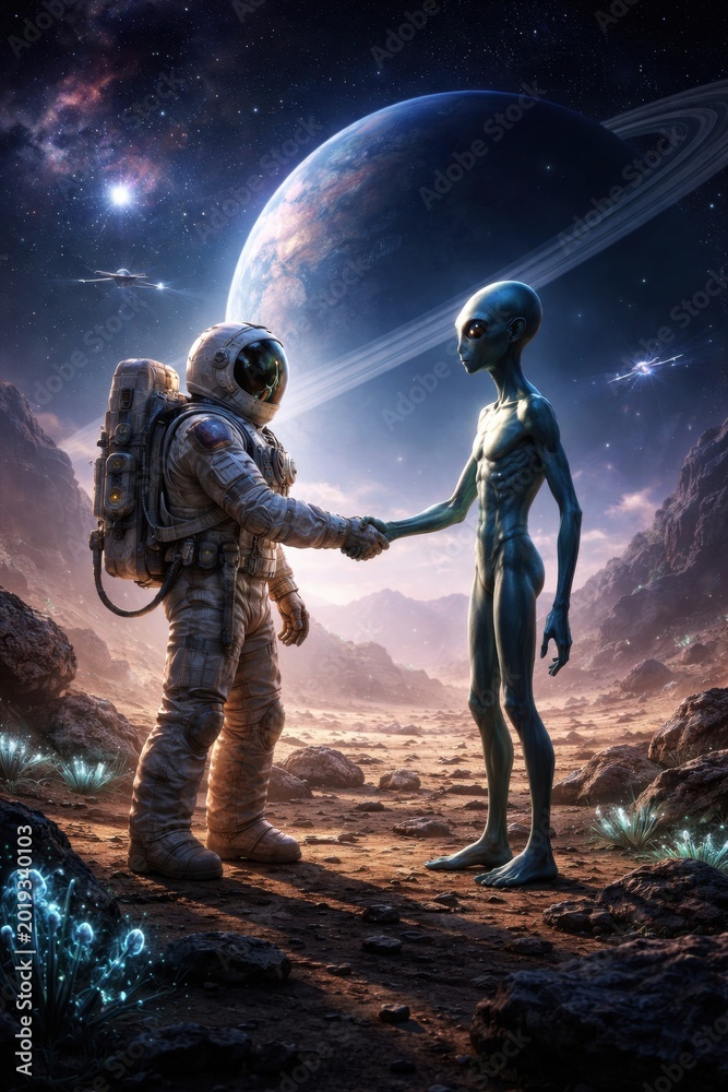 Fototapeta premium Astronaut and alien shake hands on distant planet under stars symbolizing peace exploration unity