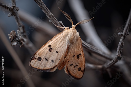 Close-up of a fuzzy brown moth with black spots on its wings resting on a branch