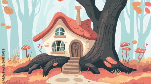 Illustration of a cozy fairy-tale house built into a large tree in a colorful forest scene