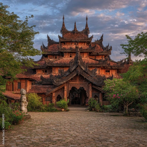 Intricate Wooden Monastery Architecture at Sunset